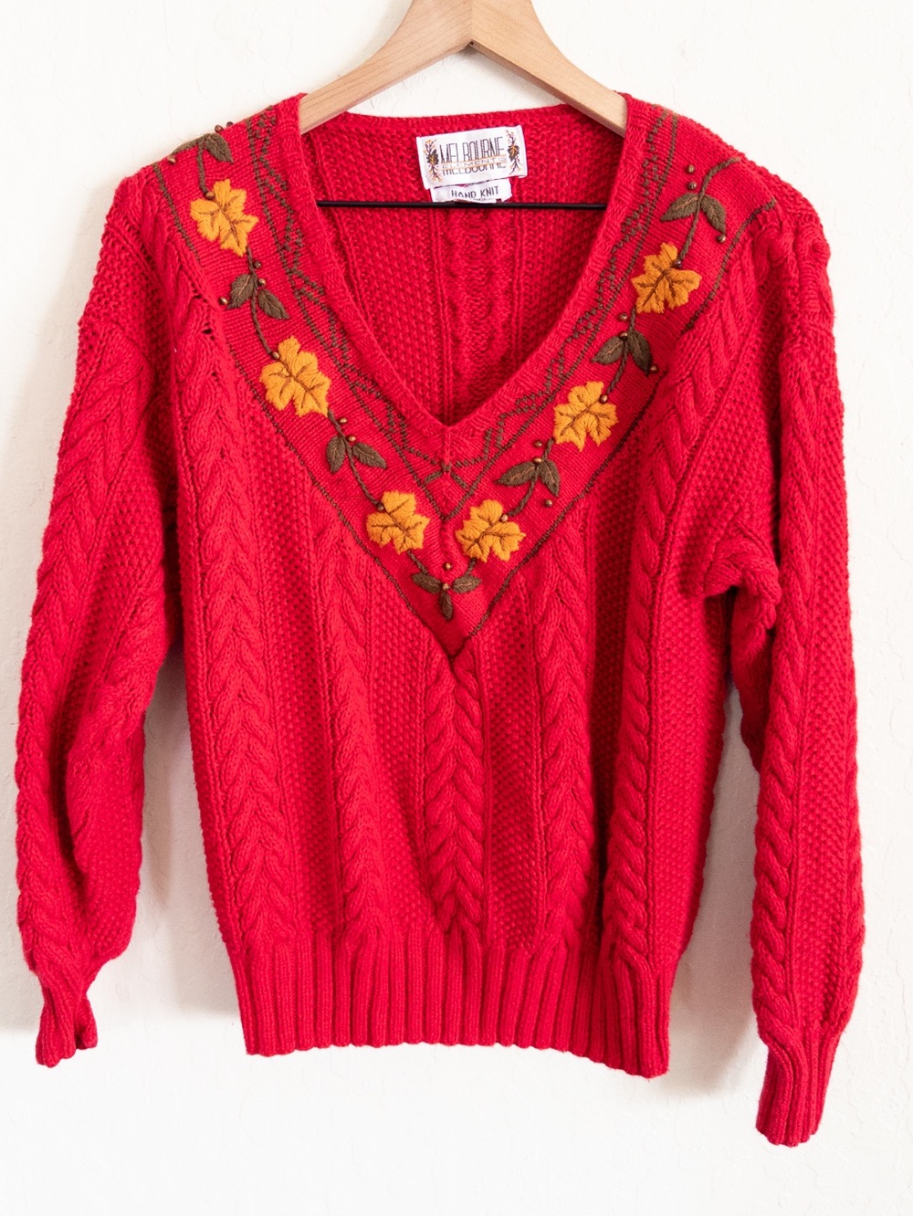 Vintage Hand Knit Cable Knit V- Neck Beaded Leaf Embroidered Sweater Small Red